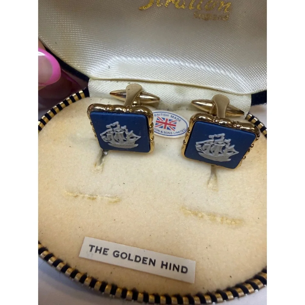 Wedgwood by Stratton Cufflinks Blue Jasperware Golden Hind Ship Gold Tone Box